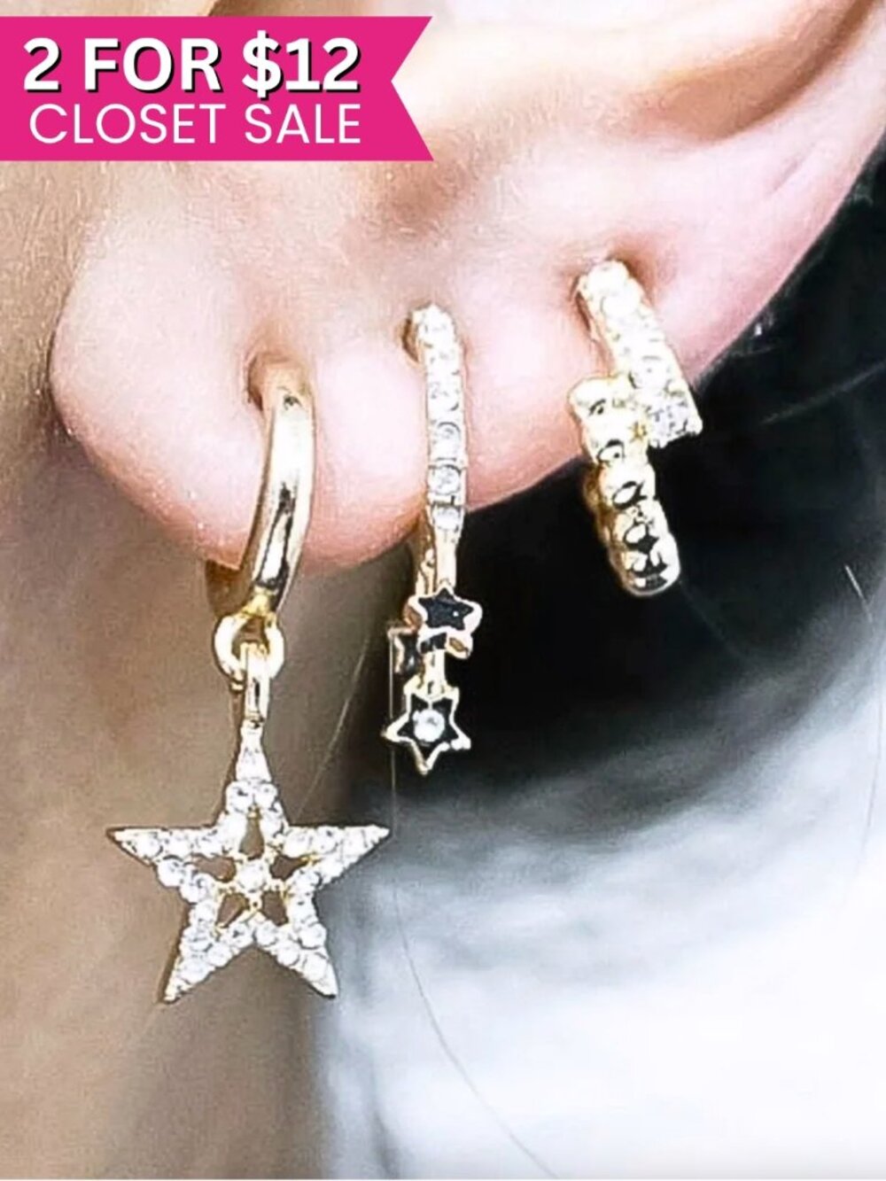Baublebar Set of 3 Gold Star Rhinestone Huggie Hoops Earrings Huggies